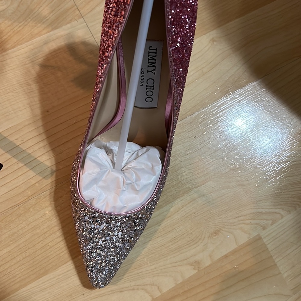 JIMMY CHOO ROMY 100  Platinum and Flamingo Ice Glitter Dégradé Fabric Pointy Toe - Picture 7 of 7